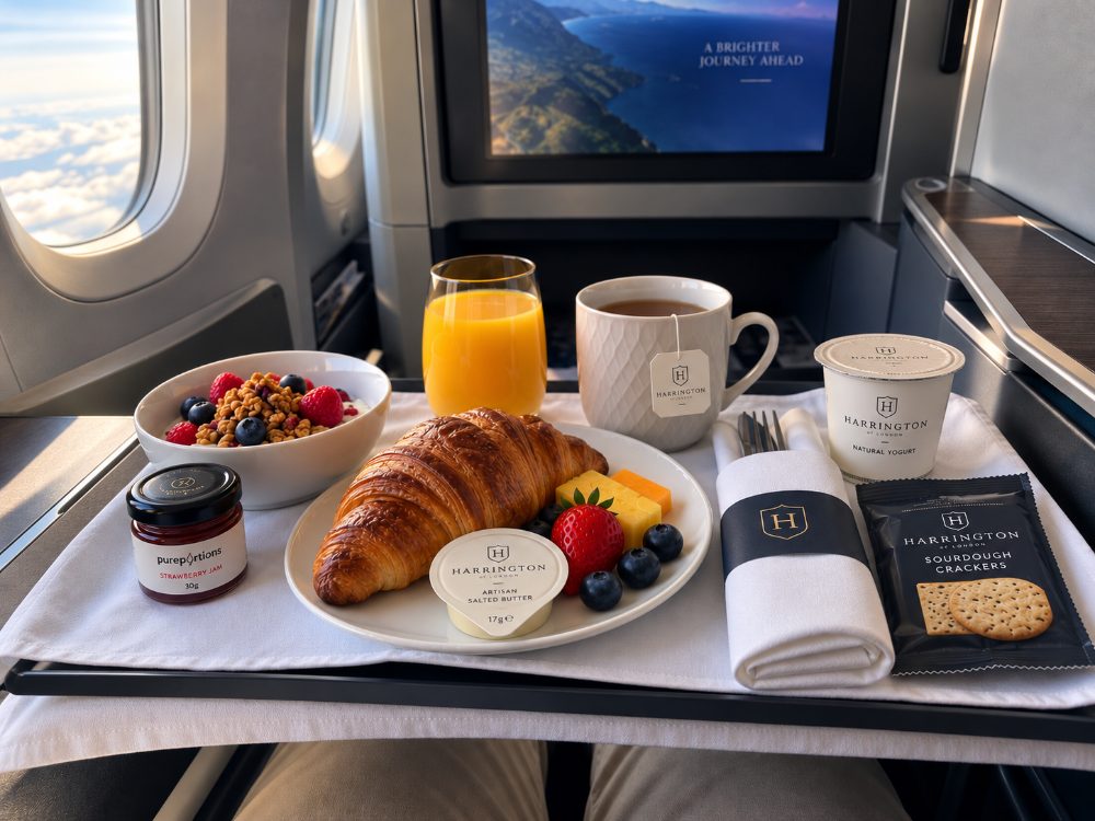 Business class breakfast tray with pureportions strawberry jam and Harrington of London butter, yogurt and crackers