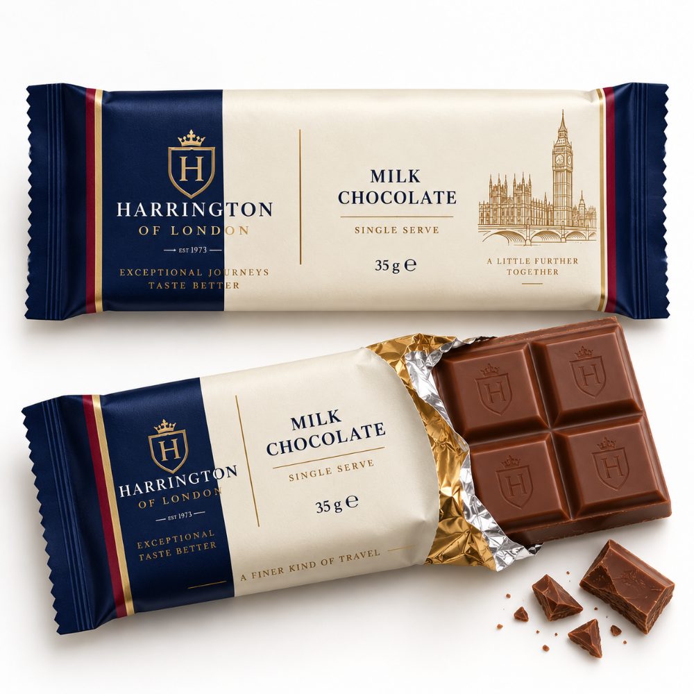 Harrington of London branded milk chocolate bars in customer livery