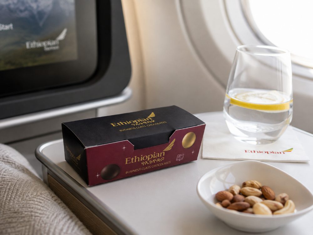 Airline-branded portion carton in business class service