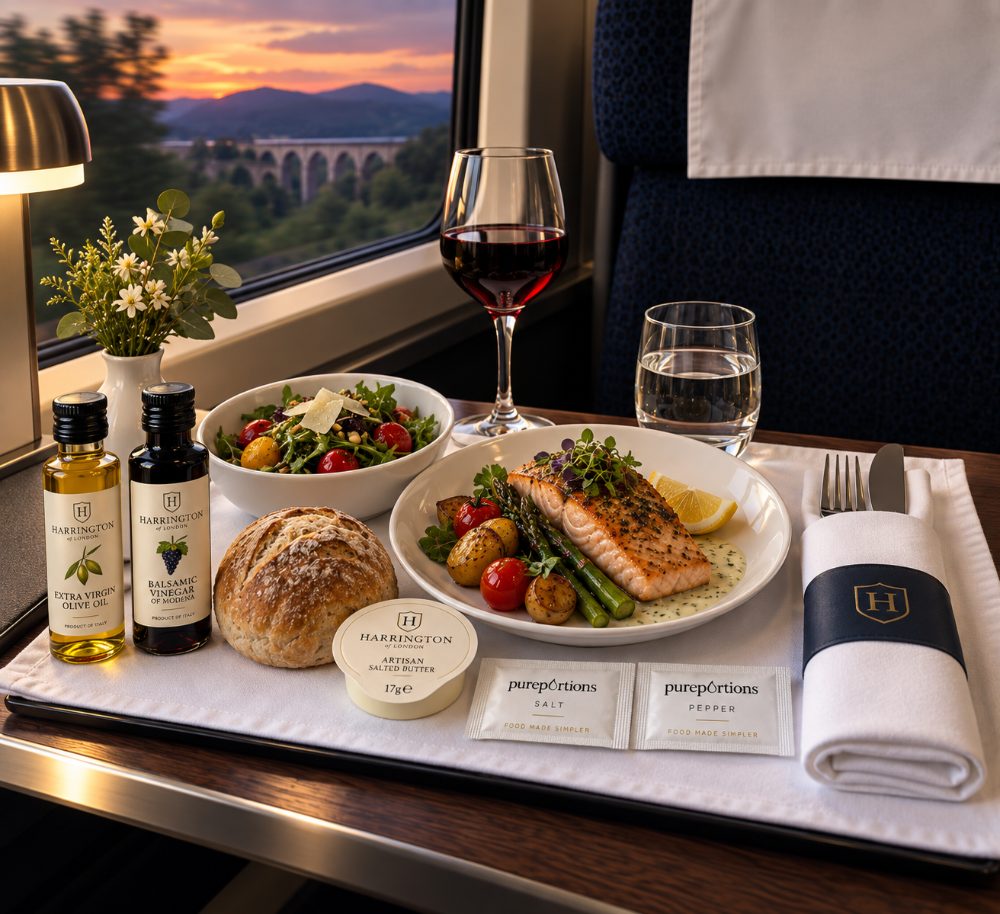 First class rail dining with Harrington of London oils and pureportions salt and pepper sachets